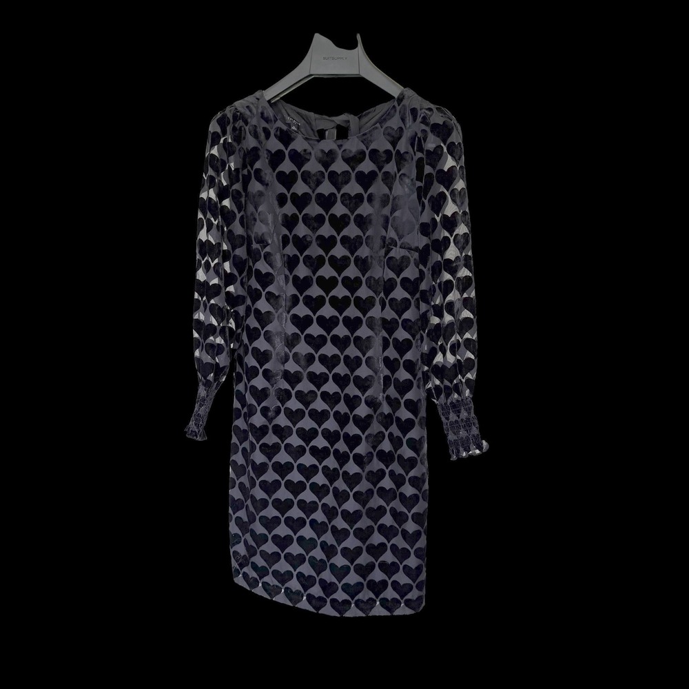 Talbots Petite Black Velvet Heart Burnout Shift Dress Tie Back Long Sleeve 2P